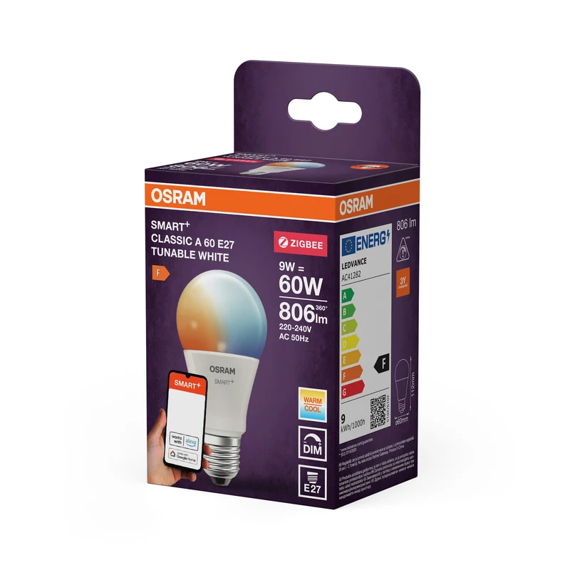 OSRAM SMART+ ZIGBEE Tunable White in A-Form, LED-Lampe, Matt, 9 W, 806 lm, von 2700 bis 6500 K, Wifi, Google Assistant, Amazon Alexa, Smartspeaker-Kompatibel, Dimmbar