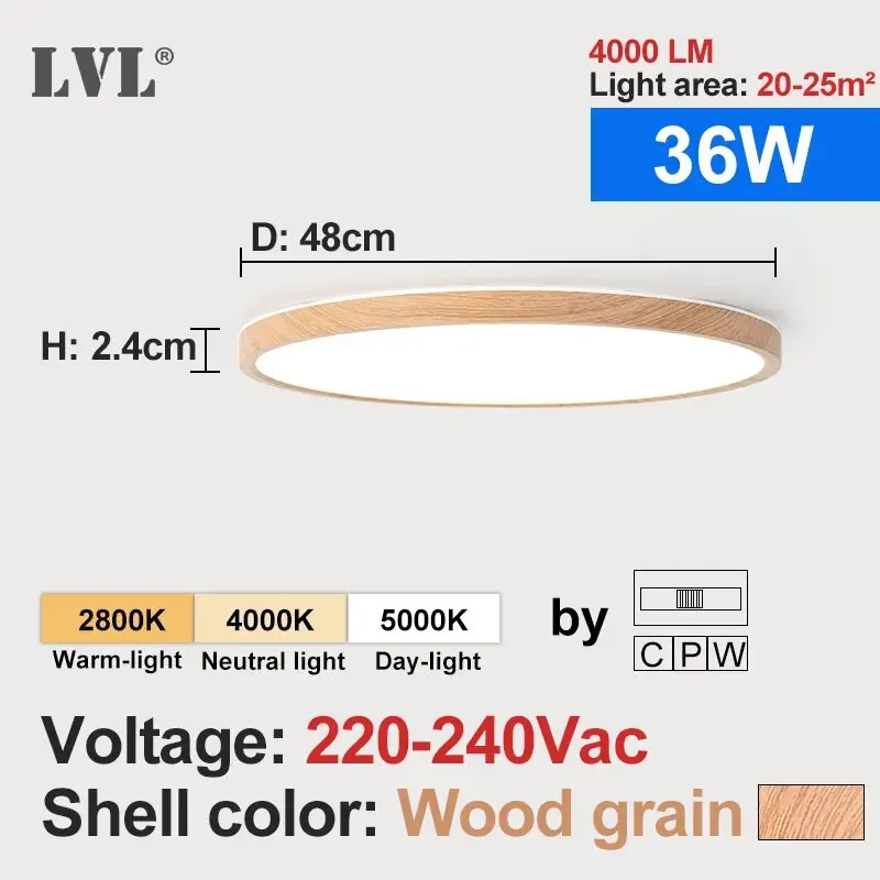 LED Deckenleuchte Holzmaserung 12W–48W Dreibereich für Küche und Schlafzimmer