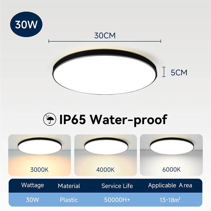 Wasserdichte LED Deckenleuchte 30W–40W IP-Schutz für Bad und Küche