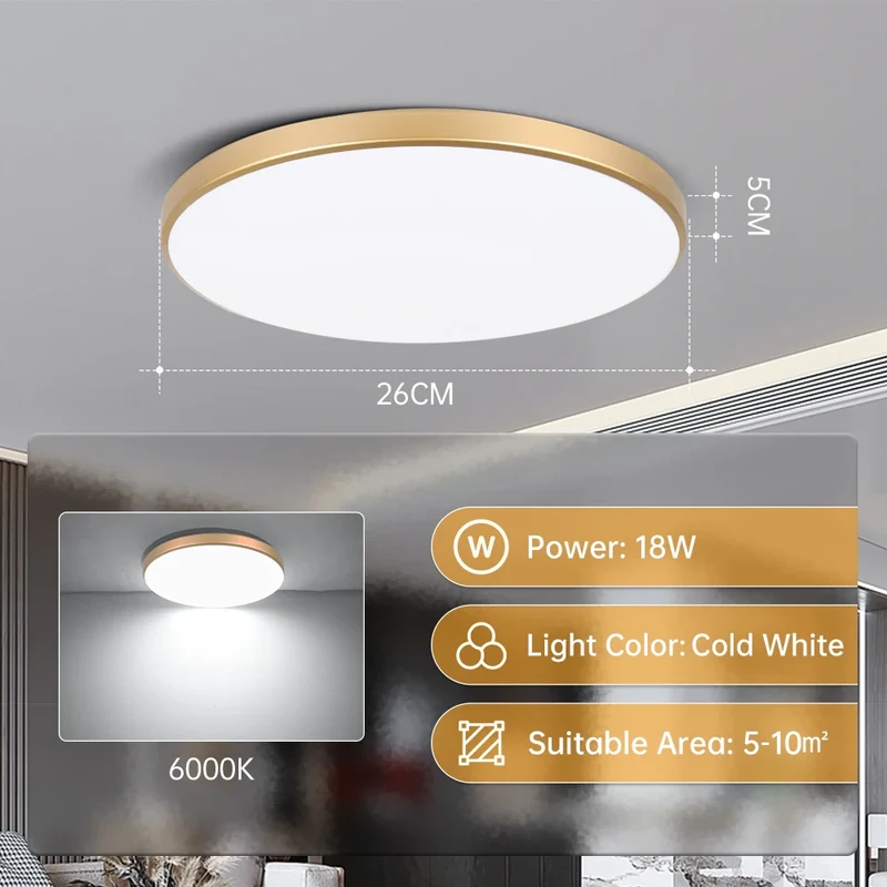 Goldene LED Deckenleuchte 18W–30W Dreibereich für Küche und Schlafzimmer