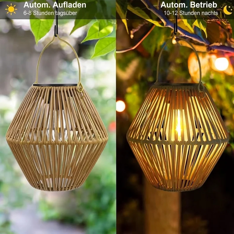 Boho Rattan Solarlaterne für Garten Terrasse und Balkon