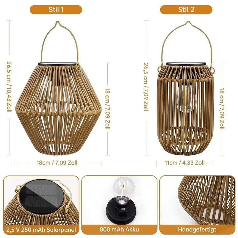 Boho Rattan Solarlaterne für Garten Terrasse und Balkon