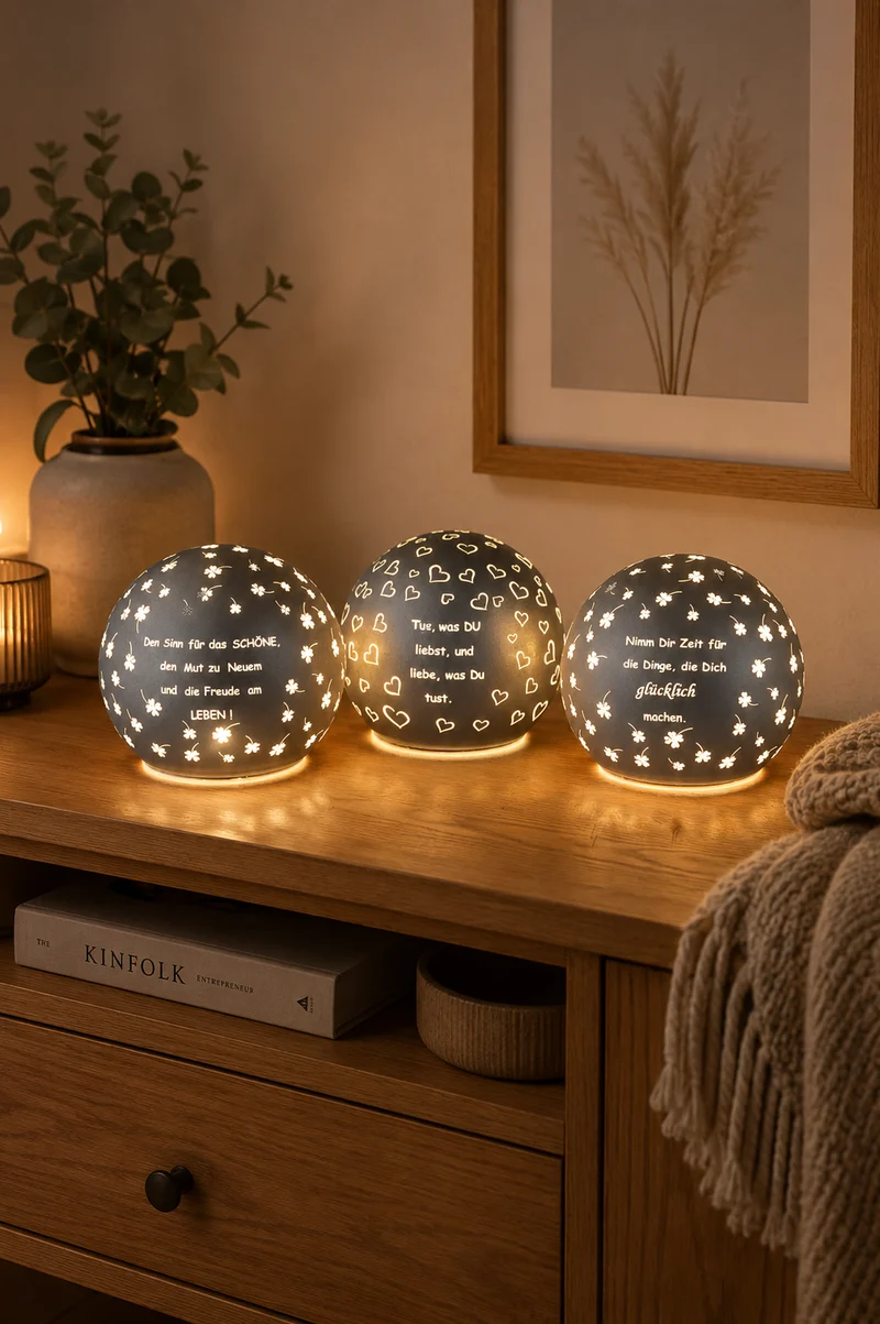 Deko Lichtkugel Cassano LED 12cm mit Sprüchen anthrazit