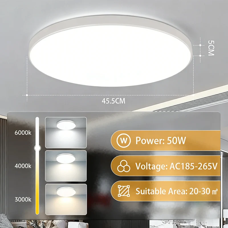 Ultra-Dünne LED Deckenleuchte 20W–50W Slim in Weiß und Gold für alle Räume