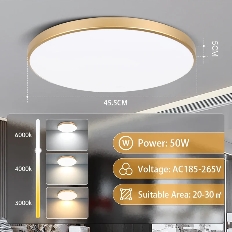 Ultra-Dünne LED Deckenleuchte 20W–50W Slim in Weiß und Gold für alle Räume