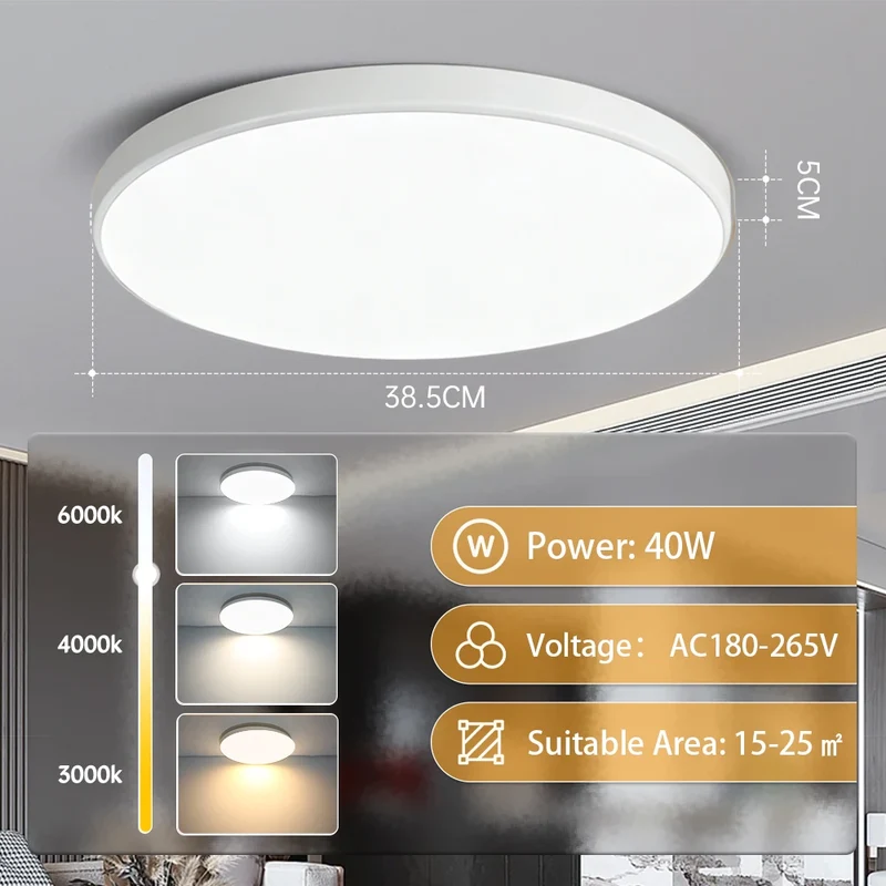 Ultra-Dünne LED Deckenleuchte 20W–50W Slim in Weiß und Gold für alle Räume