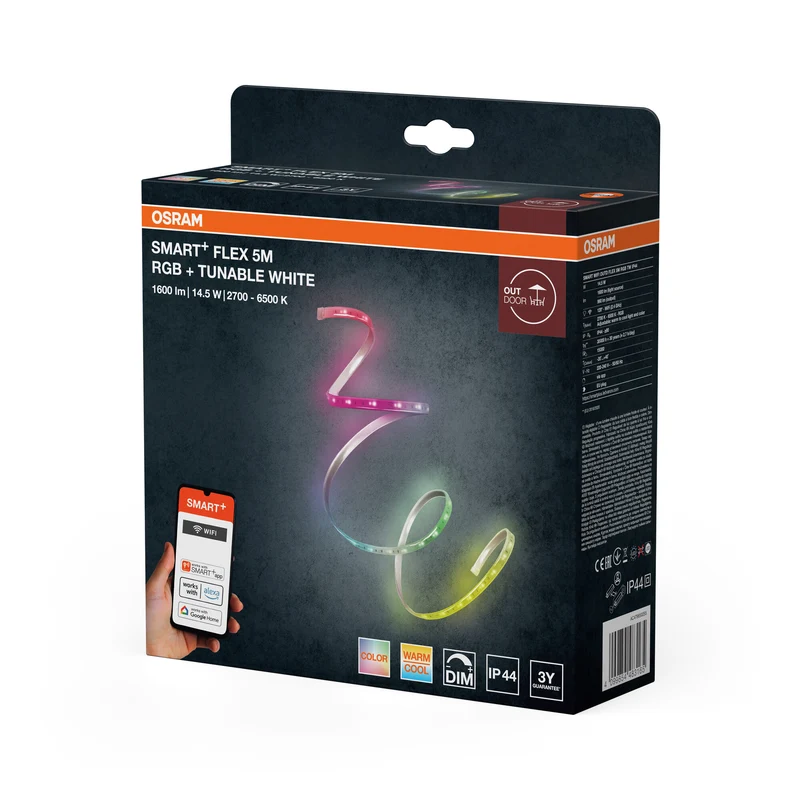 OSRAM SMART+ WIFI OUTD FLEX 5M LED-Streifen, weiß, 14W, 850lm, warm- bis kaltweiß steuerbar, RGB-Licht, für Außenbereich, App-steuerbar, lange Lebensdauer, einfache Montage, Schutzklasse IP44