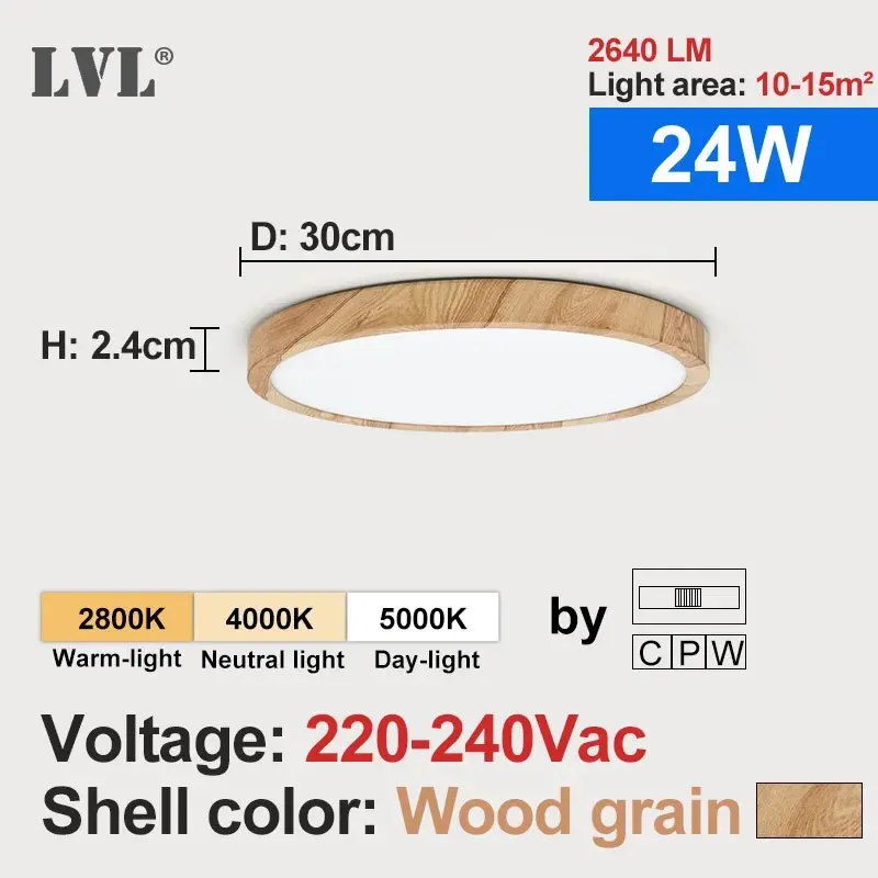 Runde LED Deckenleuchte Holzmaserung 12W–32W Dreibereich für Küche und Bad