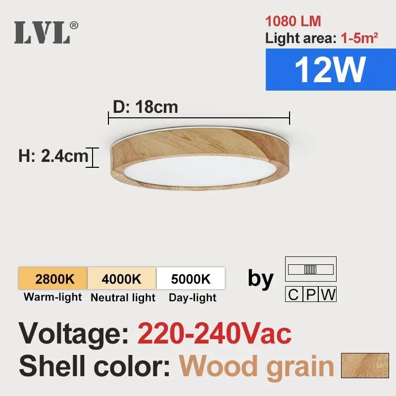 Runde LED Deckenleuchte Holzmaserung 12W–32W Dreibereich für Küche und Bad