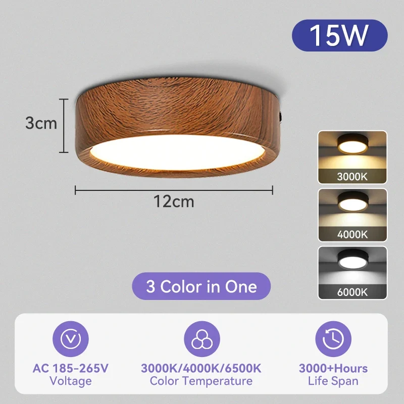 Dreifarbiges LED Aufbau-Downlight Walnuss und Weiß 5W–25W für Küche und Bad
