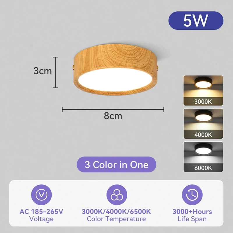 Dreifarbiges LED Aufbau-Downlight Walnuss und Weiß 5W–25W für Küche und Bad