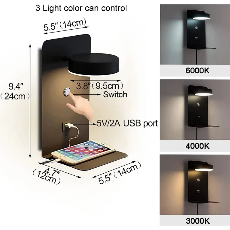 Moderne LED Wandleselampe mit USB-Ladeanschluss für Schlafzimmer