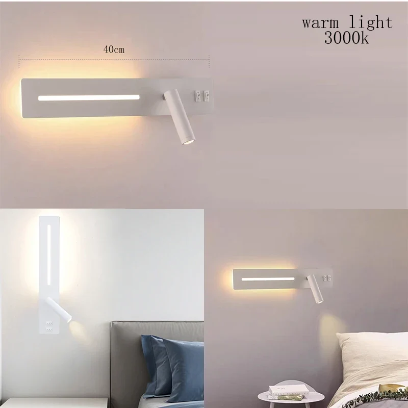 Moderne LED Wandleselampe mit USB-Ladeanschluss für Schlafzimmer