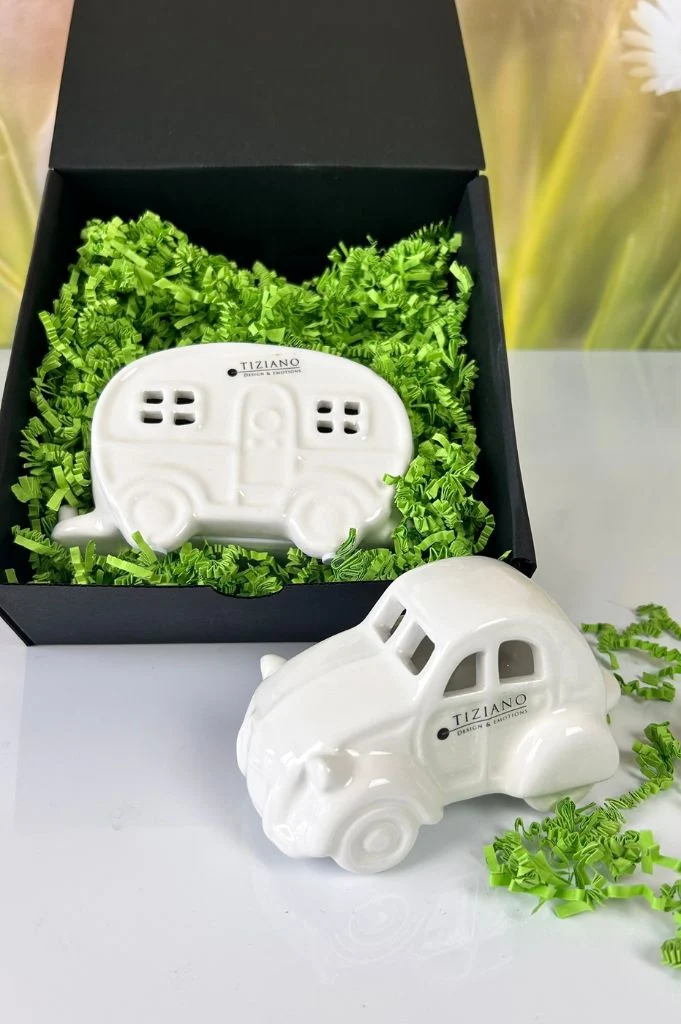 Geschenkbox Deko Auto Milo+Wohnwagen Casina creme-weiß