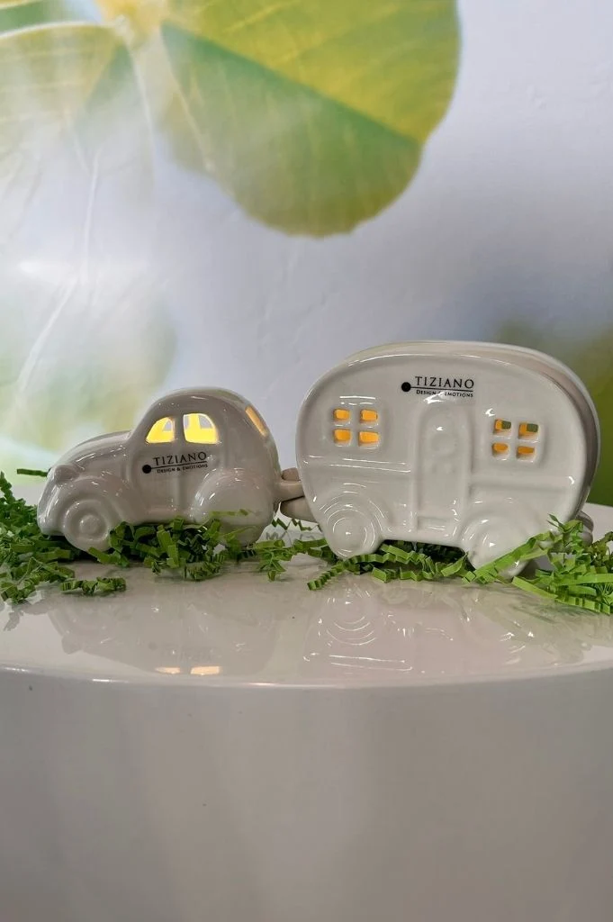 Geschenkbox Deko Auto Milo+Wohnwagen Casina creme-weiß