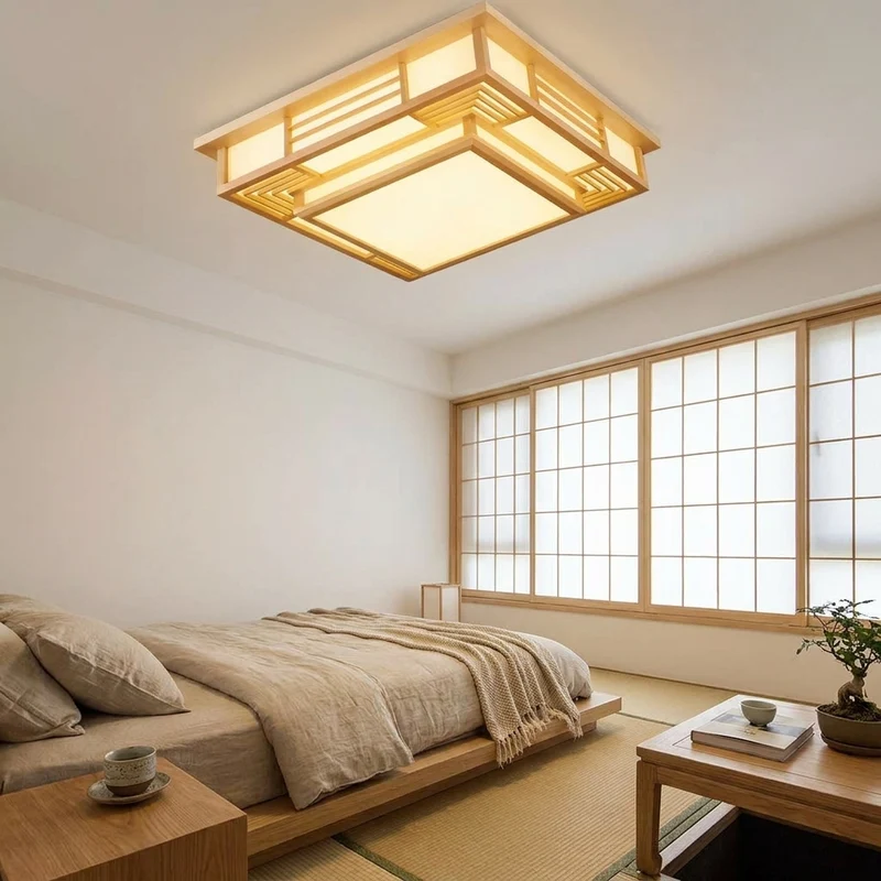 Japanische Minimalist Holz LED Deckenleuchte Warm für Wohnzimmer und Schlafzimmer