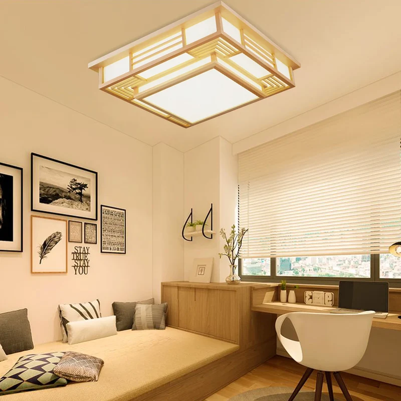 Japanische Minimalist Holz LED Deckenleuchte Warm für Wohnzimmer und Schlafzimmer
