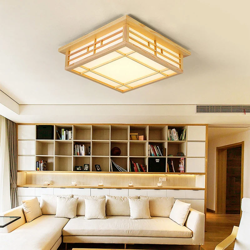 Japanische Minimalist Holz LED Deckenleuchte Warm für Wohnzimmer und Schlafzimmer