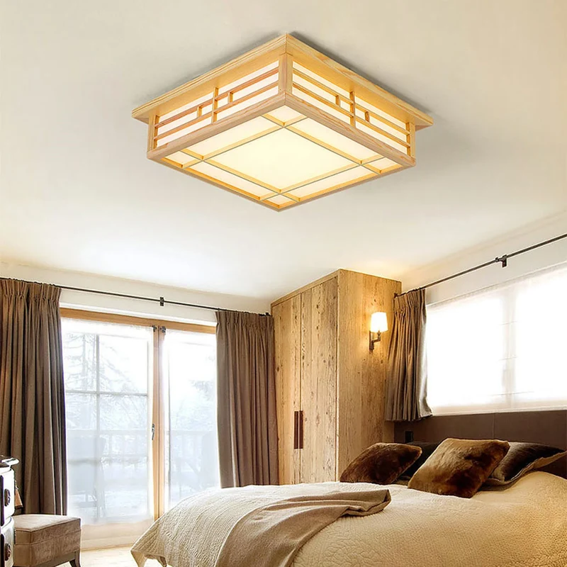 Japanische Minimalist Holz LED Deckenleuchte Warm für Wohnzimmer und Schlafzimmer