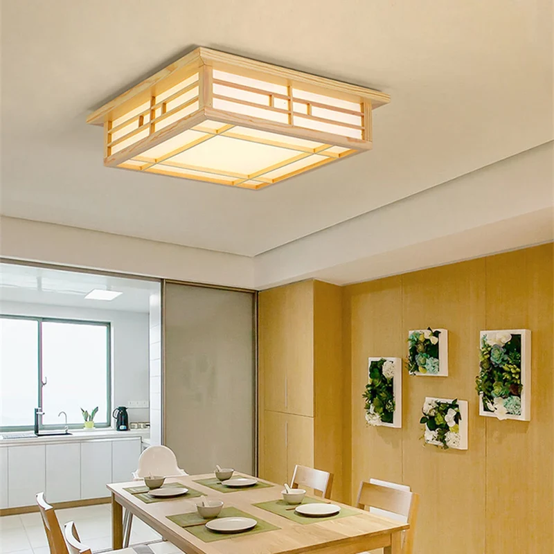 Japanische Minimalist Holz LED Deckenleuchte Warm für Wohnzimmer und Schlafzimmer