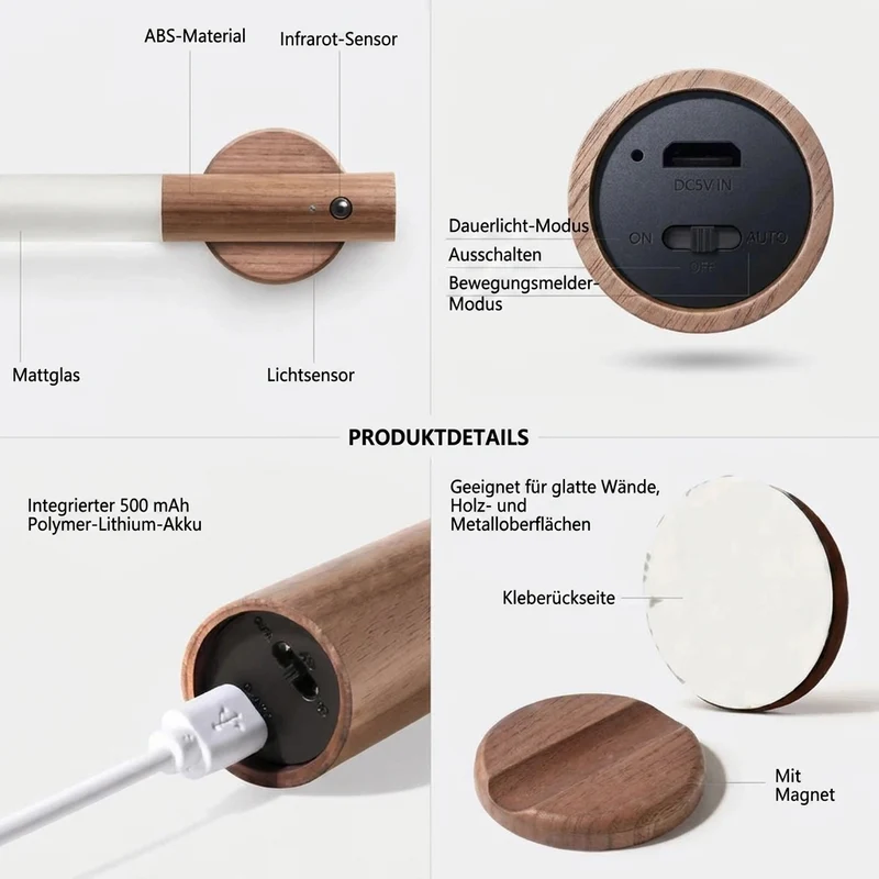 Magnetisches Holz LED Bewegungsmelder Nachtlicht USB für Flur und Treppe