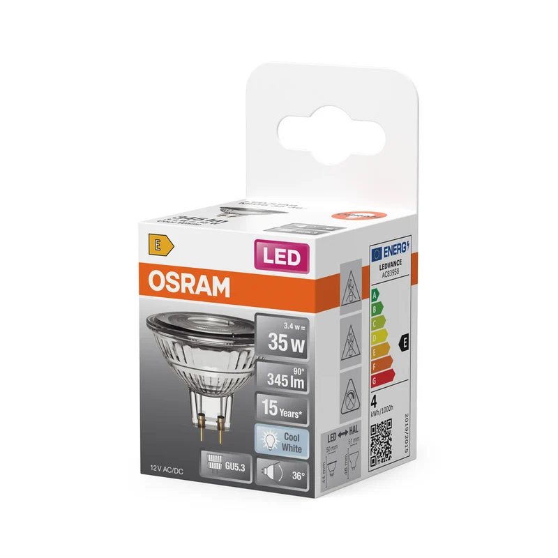 OSRAM LED STAR MR16 12V LED Reflektorlampe mit GU5.3 Sockel, Kaltweiss (4000K), Glas Spot, 3,80W, Ersatz für 35W-Reflektorlampe