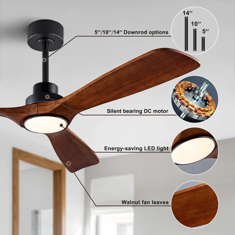 Moderner Holz Deckenventilator mit LED Licht und Fernbedienung für Wohnräume Natürlich