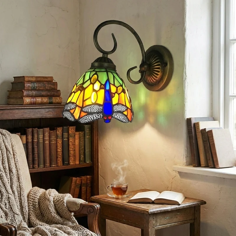 Vintage Buntglas Libellen Wandleuchte für Schlafzimmer und Wohnzimmer