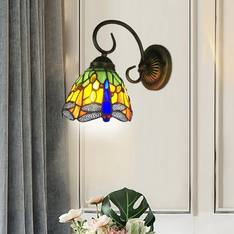 Vintage Buntglas Libellen Wandleuchte für Schlafzimmer und Wohnzimmer