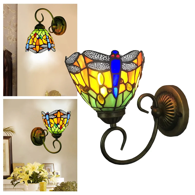 Vintage Buntglas Libellen Wandleuchte für Schlafzimmer und Wohnzimmer