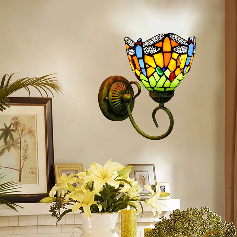 Vintage Buntglas Libellen Wandleuchte für Schlafzimmer und Wohnzimmer