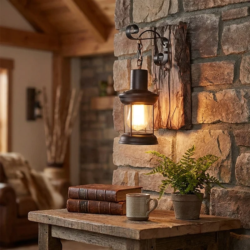 Rustikale Industrielle Holz Wandleuchte für Loft und Café