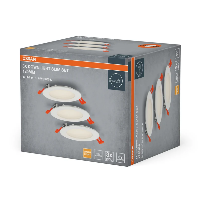 OSRAM Einbaustrahler Weiß, Slim Downlight mit integriertem Treiber, Ø 120 mm, Lichtfarbe warmweiß (3000K), 8W, IP20, 3er-Pack
