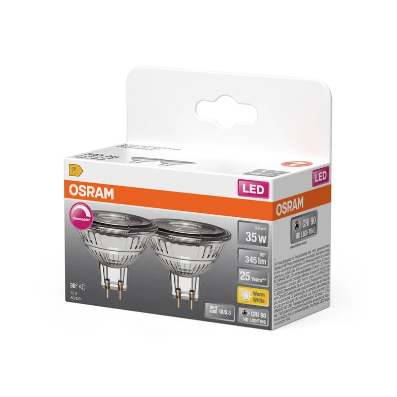 OSRAM Dimmbare Niedervolt-LED-Reflektorlampen MR16 mit Retrofit-Stecksockel, 35 Watts Ersatz, GU5.3, MR16 reflector, 2700 Kelvin, Warm weiß, Klares Glas, 2-er Pack