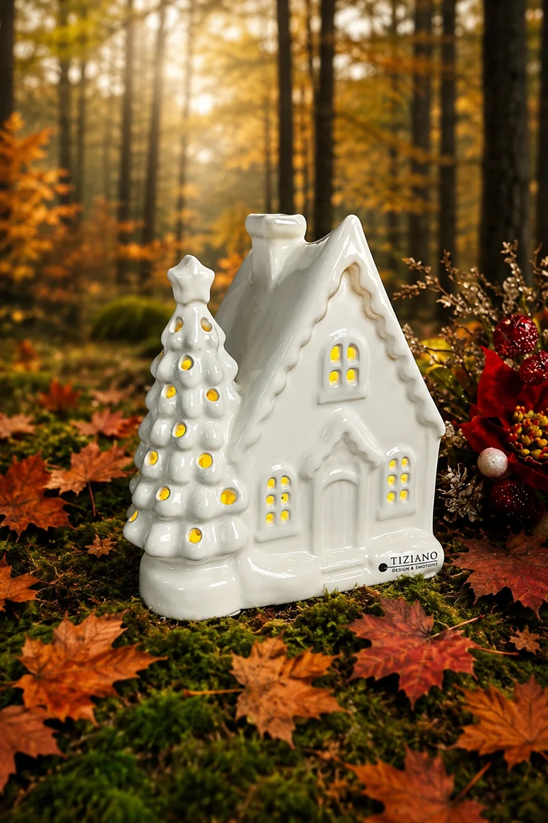 Deko Haus Bando LED mit Baum creme-weiß