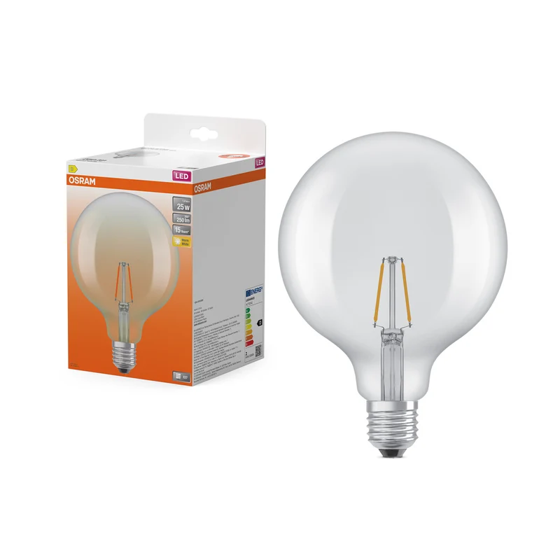 OSRAM LED-Lampen, klassische Ballform, 25 Watts Ersatz, E27, G125, 2700 Kelvin, Warm weiß, Klares Glas, single Pack
