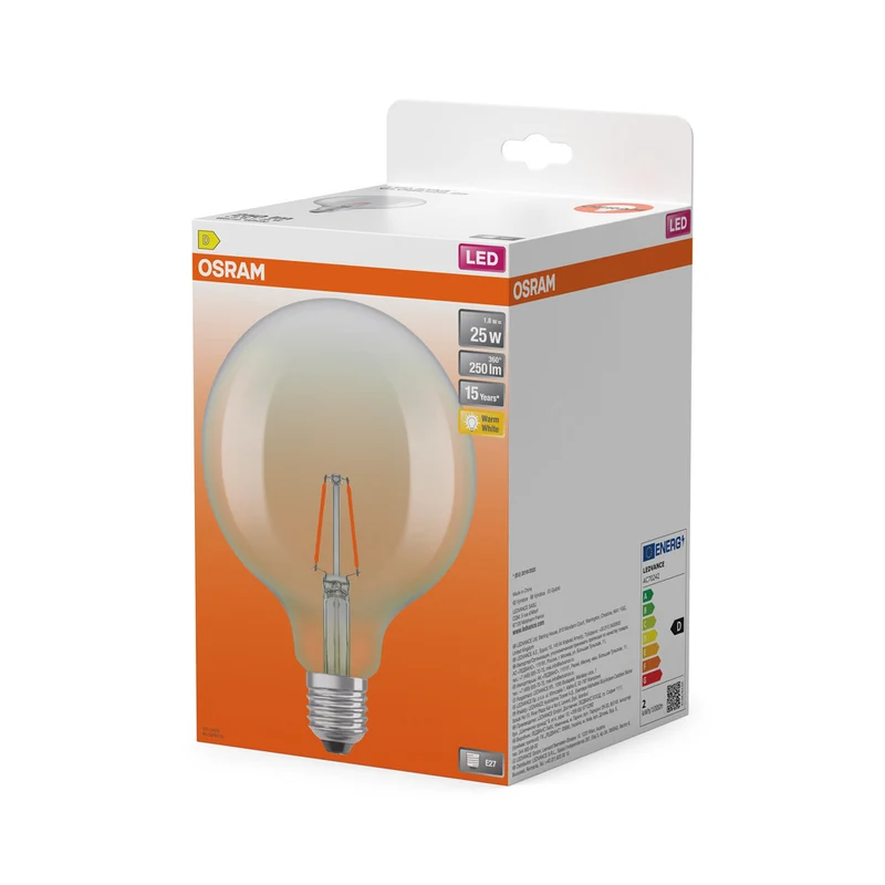 OSRAM LED-Lampen, klassische Ballform, 25 Watts Ersatz, E27, G125, 2700 Kelvin, Warm weiß, Klares Glas, single Pack