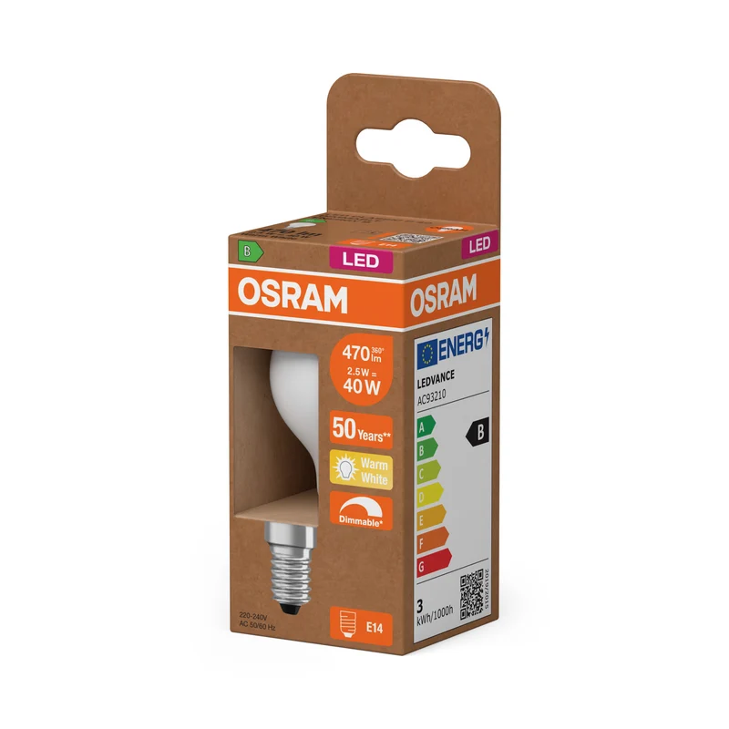 OSRAM LED CLASSIC P ENERGY EFFICIENCY B DIM in P-Form, LED-Lampe, Glas, Matt, 2,5 W, 470 lm, 2700 K, Dimmbar, CRI 80
