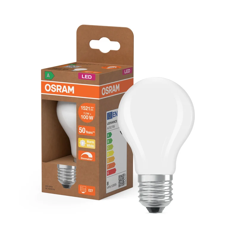 OSRAM LED CLASSIC A ENERGY EFFICIENCY A DIM in A-Form, LED-Lampe, Glas, Matt, 7,2 W, 1521 lm, 2700 K, Dimmbar, Energieeffizienzklasse: A, CRI 80