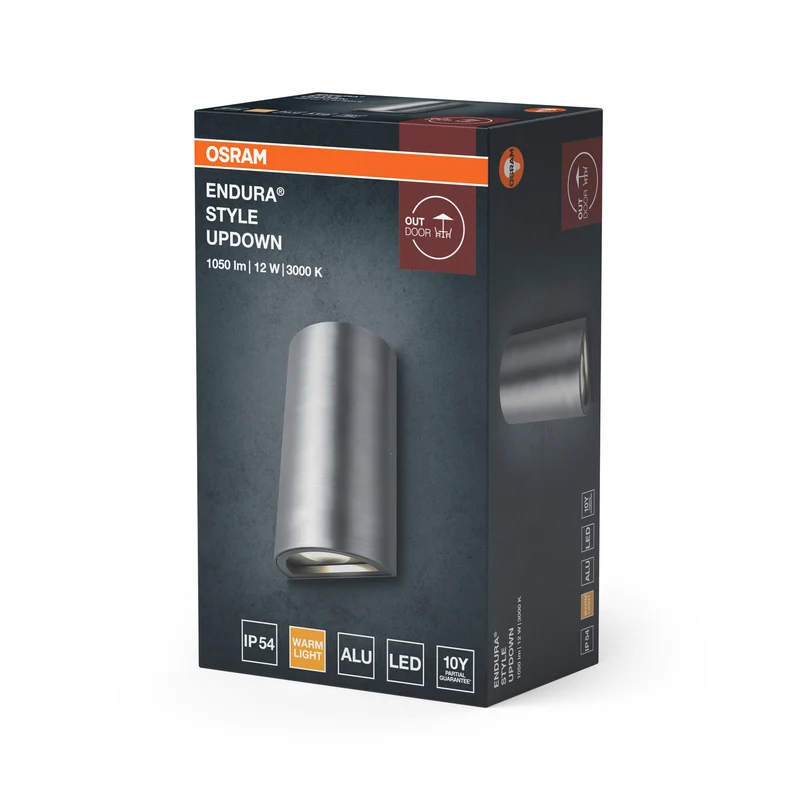 OSRAM LED Außenwandleuchte, 3000K, UpDown-Wandleuchte, 1050lm, 12W, Aluminium, IP44, IK03, breitstrahlend, mit Montagezubehör