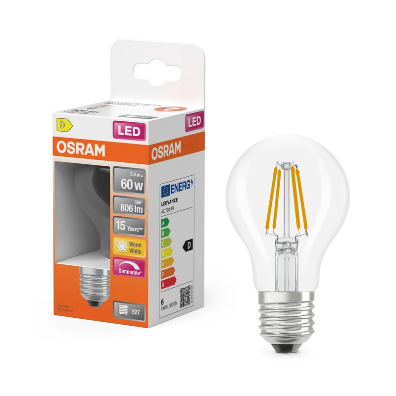 OSRAM Dimmbare LED - Lampen, klassische Kolbenform, 60 Watts Ersatz, E27, A-shape, 2700 Kelvin, Warm weiß, Klares Glas, single Pack