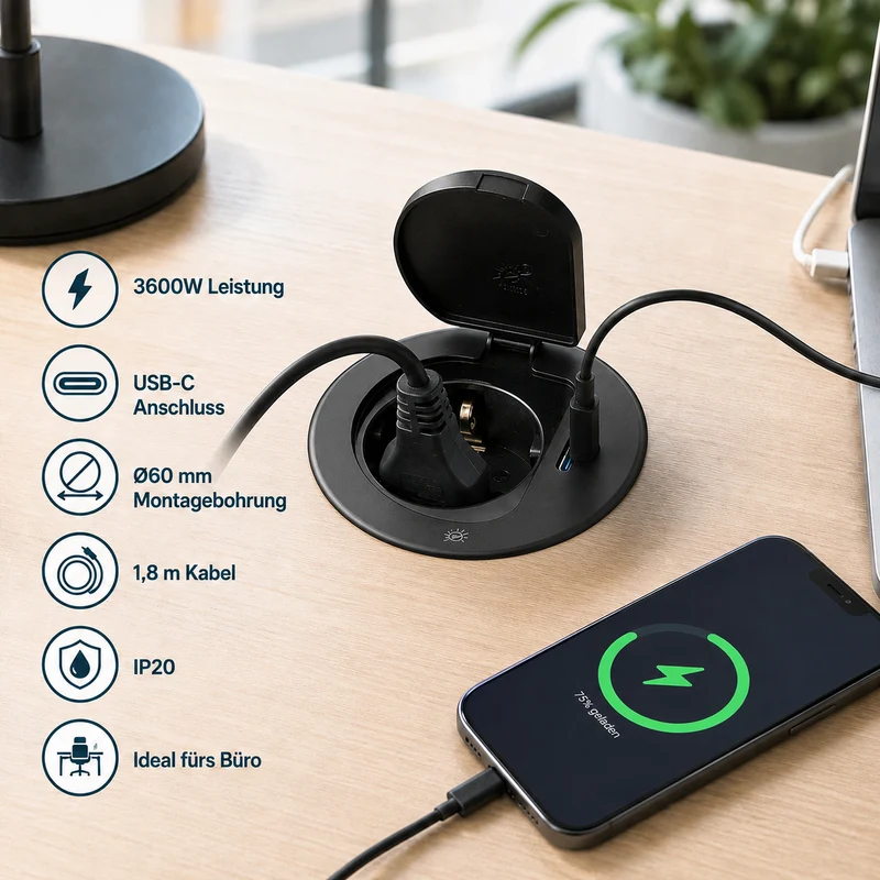Einbausteckdose mit USB-C, schwarz, 230V AC, 3600W, IP20, Ø72mm, 1,8m Kabel
