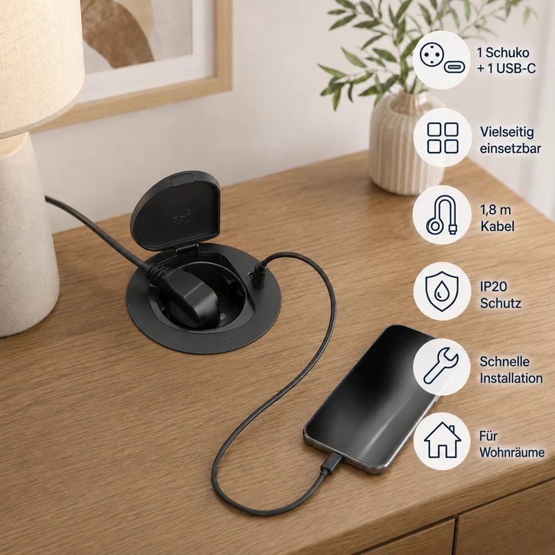 Einbausteckdose mit USB-C, schwarz, 230V AC, 3600W, IP20, Ø72mm, 1,8m Kabel