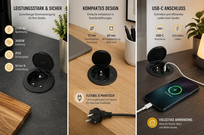 Einbausteckdose mit USB-C, schwarz, 230V AC, 3600W, IP20, Ø72mm, 1,8m Kabel