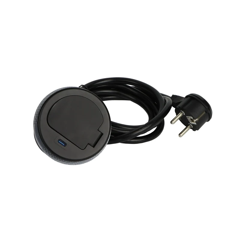 Einbausteckdose mit USB-C, schwarz, 230V AC, 3600W, IP20, Ø72mm, 1,8m Kabel