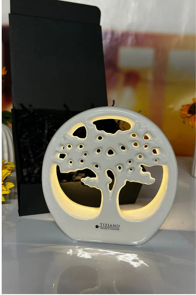 Geschenkbox Baum Joy im Ring LED 13,5cm creme-weiß
