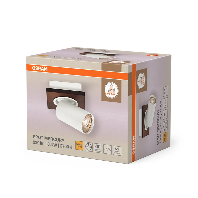 OSRAM DECOR SPOT MERCURY Deckenleuchte / Wandleuchte, 1 x 3,4W, Holzoptik, weiß