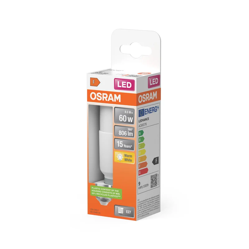 OSRAM LED PCR CLASSIC STICK LAMP in Stick-Form, LED-Lampe, Matt, 8,5 W, (ex 60 W), 806 lm, Warmweiß, 2700 K, 15000 h, CRI 80