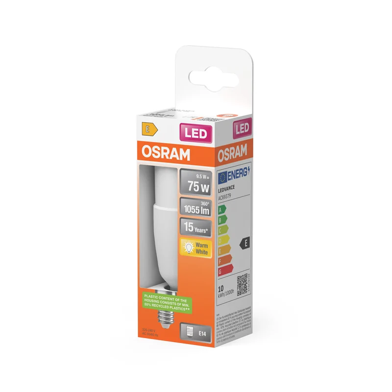OSRAM LED PCR CLASSIC STICK LAMP in Stick-Form, LED-Lampe, Matt, 9,5 W, (ex 75 W), 1055 lm, Warmweiß, 2700 K, 15000 h, CRI 80
