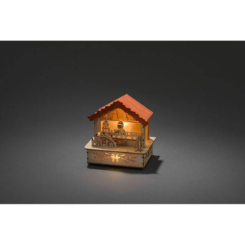 LED Holzsilhouette naturfarben Marktstand mit orangem Dach 3 Warmweiße Dioden batteriebetrieben